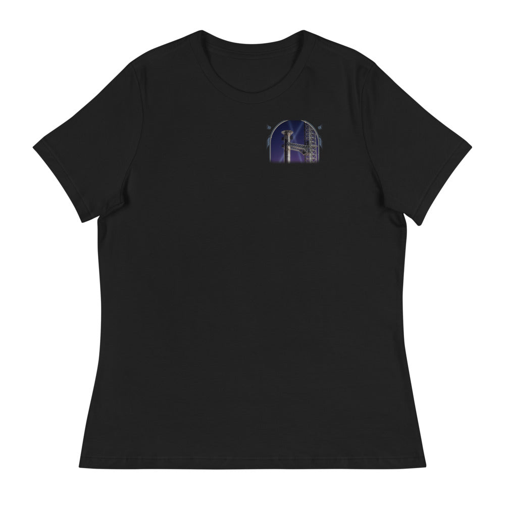 Tower Catch - Women's Relaxed Tee - Black - Front [Women's Relaxed Tee - Back + Left Chest / Black]