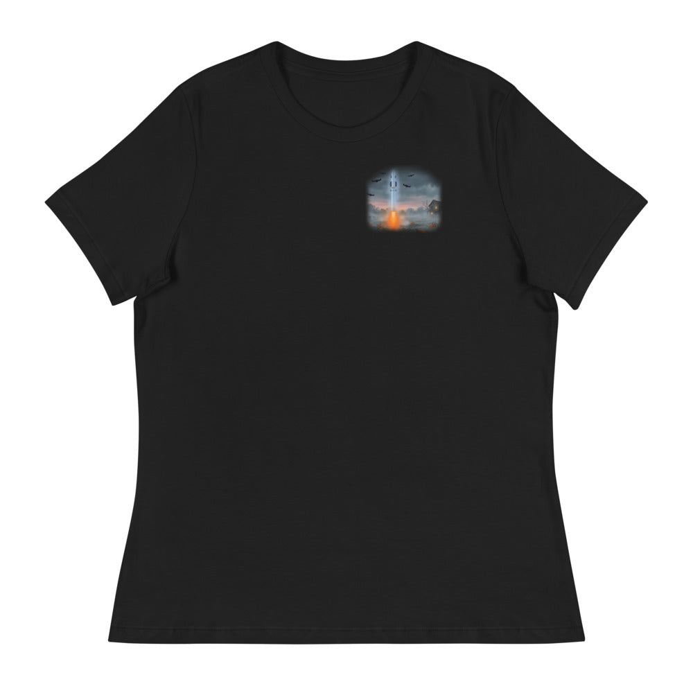 Boo-ster Season - Women's Relaxed Tee - Black - Front [Women's Relaxed Tee - Back + Left Chest / Black]
