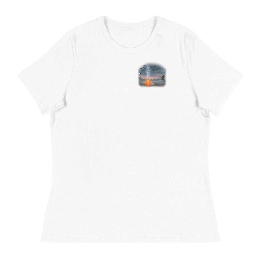 Boo-ster Season - Women's Relaxed Tee - White - Front [Women's Relaxed Tee - Back + Left Chest / White]