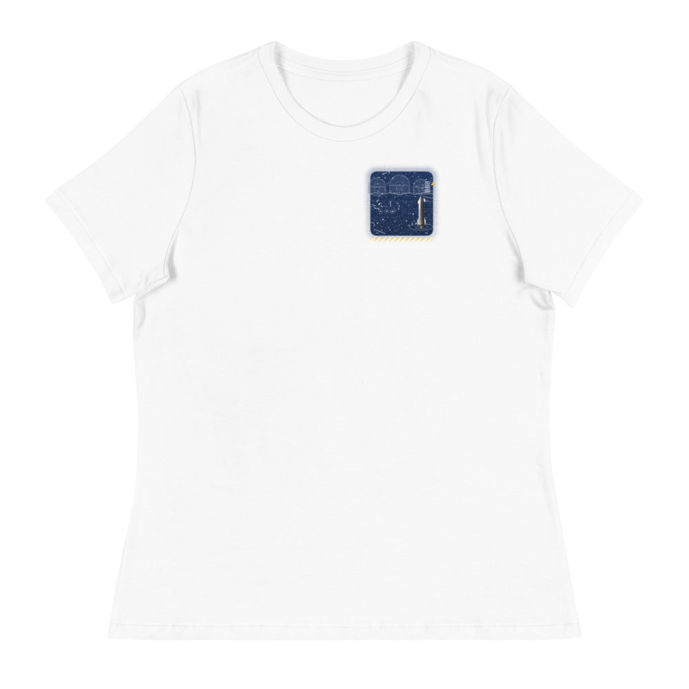 Moon Base - Women's Relaxed Tee - White - Front [Women's Relaxed Tee - Back + Left Chest / White]